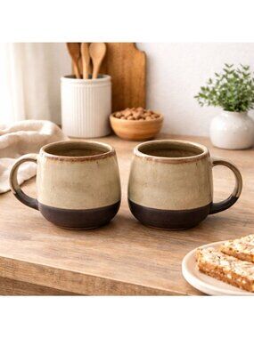 Handcrafted Ceramic Coffee Mug Set Signed Rustic Two Tone Glaze 10oz Artisan Cup